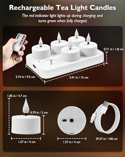 Homemory 6-Pack Rechargeable Tea Lights Candles with Remote, 2/4/6/8H Timer | Flameless Flickering Battery Operated LED Tealights with Charging Base for Votive Cups, Glass Holders and Cozy Home Ambiance - color: Warm white light, pack of 6