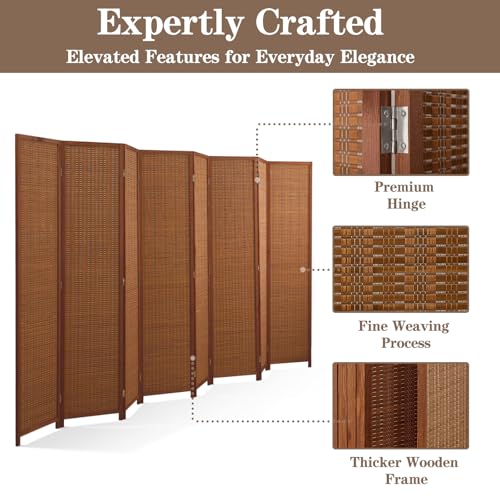 8 Panel Bamboo Room Divider, Folding Privacy Screen, Dark Brown | Pine wood frame, dual-action stainless steel hinges, 5.6FT tall, extends to 126 inches wide, no assembly - color: Dark Brown, size: 8 Panel
