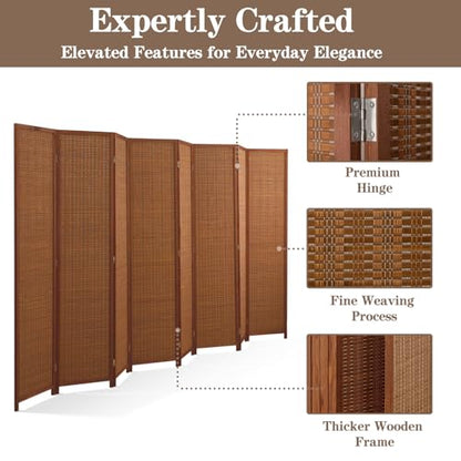 8 Panel Bamboo Room Divider, Folding Privacy Screen, Dark Brown | Pine wood frame, dual-action stainless steel hinges, 5.6FT tall, extends to 126 inches wide, no assembly - color: Dark Brown, size: 8 Panel
