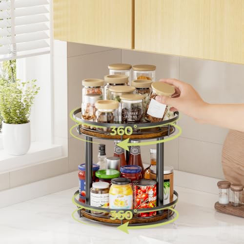 LAMU 10'' Wood Lazy Susan Spice Rack Organizer, 2 Tier Spice Organization for Cabinet, Countertop, Kitchen, Table Top, Pantry, Condiment and Seasoning Rack Organizer - size: 2 Tier 10 in