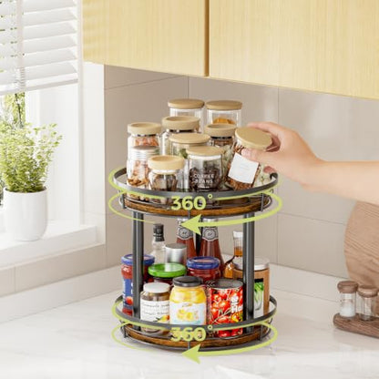 LAMU 10'' Wood Lazy Susan Spice Rack Organizer, 2 Tier Spice Organization for Cabinet, Countertop, Kitchen, Table Top, Pantry, Condiment and Seasoning Rack Organizer - size: 2 Tier 10 in
