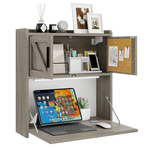 ARTETHYS Wall Mounted Desk Folding with Light Drop Down Hanging Desk,Gray | Multifunctional Fold Down Laptop Computer Table, Writing Workstation with Storage Compartments, Space Saving for Home - color: Grey