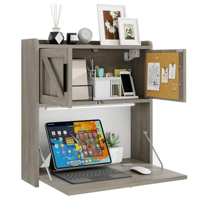ARTETHYS Wall Mounted Desk Folding with Light Drop Down Hanging Desk,Gray | Multifunctional Fold Down Laptop Computer Table, Writing Workstation with Storage Compartments, Space Saving for Home - color: Grey