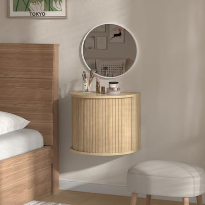 Floating Nightstand Set of 2 with Sliding Roller Shutter Doors,Wood | Set of 2 Floating Nightstands,Smooth Sliding Roller Shutters Hide Clutter.Curved Rounded Edges,Space-saving. - color: Floating Nightstand-oak