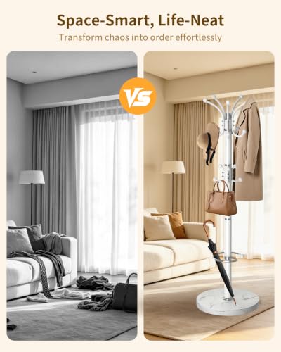 Metal Coat Rack, Modern Coat Rack Stand, 360°Rotary Coat Tree Stand | Heavy Duty Coat Rack Freestanding with Natural Marble Base, White Clothes Tree Hanger Stand with 14 Hooks & Umbrella Holder - color: White-16Hooks