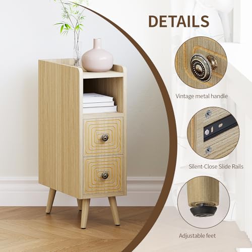 Nightstands Set of 2,Night Stand Bed Side Table with Storage Space,Wooden Bedside Table with Open Shelf,2 Drawers,End Table with Solid Wood Feet for Bedroom,College Dorm,Entryway (Natural) - color: Natural