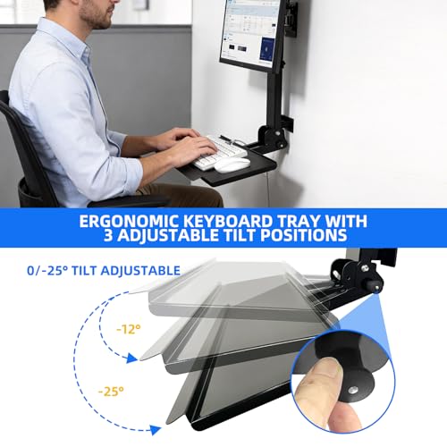 Monitor Wall Mount with Keyboard Tray and PC Wall Mount Set, Monitor and Keyboard Wall Mount Height Adjustable Fits 17"-32" Computer Screens, All in One PC Wall Mount with VESA Standard, 26" Wide Plat - color: Satin Black