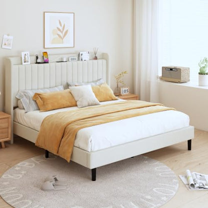 Queen Velvet Bed Frame with Storage Headboard & Charging Station | Vertical Channel Tufted, Mattress Non-slip Design, No Box Spring Needed, Noise-Free, Easy Assembly, Sturdy, Wingback - color: Beige, size: Queen