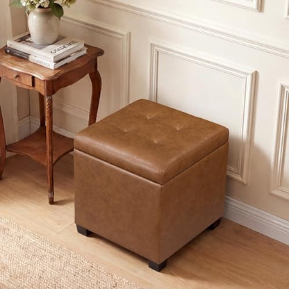 15 inch Square Storage Ottoman with Tray Lid,Modern Tufted Faux Leather Cube Coffee Table with Storage,Upholstered Ottoman with Removable Top for Living Room, Bedroom - color: Faux Leather -Taupe Brown With Tray