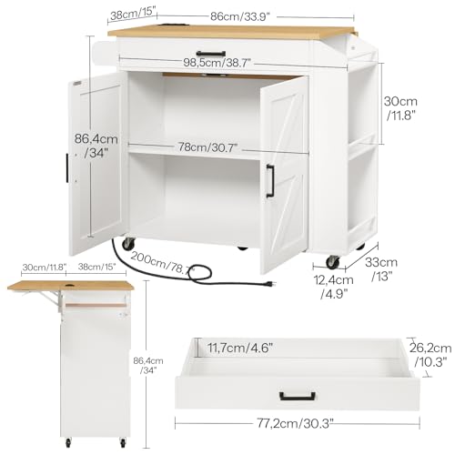 HOOBRO Kitchen Island with Drop Leaf Countertop & Power Outlet, Rolling Island Cart on Wheels, Kitchen Cart with Drawer & Spice Rack, Mobile Island Table for Kitchen, White and Natural WN86UZD01 - color: Natural + White