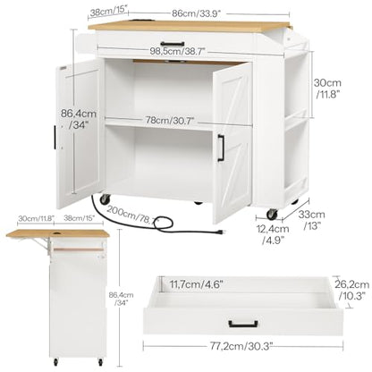 HOOBRO Kitchen Island with Drop Leaf Countertop & Power Outlet, Rolling Island Cart on Wheels, Kitchen Cart with Drawer & Spice Rack, Mobile Island Table for Kitchen, White and Natural WN86UZD01 - color: Natural + White