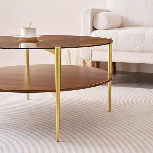 LumFurn Extra Large Round Coffee Table, Mid-Century Modern Design, D34 x H17 in, for Living Room, 2-Tier Structure, Amber Glass Top and Walnut MDF Shelf, Sleek Conical Metal Legs with Gold Finish - color: D34" Amber & Walnut