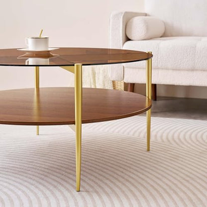 LumFurn Extra Large Round Coffee Table, Mid-Century Modern Design, D34 x H17 in, for Living Room, 2-Tier Structure, Amber Glass Top and Walnut MDF Shelf, Sleek Conical Metal Legs with Gold Finish - color: D34" Amber & Walnut
