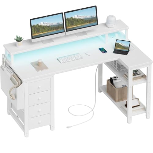 Lufeiya L Shaped Desk with Led Lights and Power Outlets, 47 Inch Writing Study Computer Gaming Desks with Fabric Drawers for Bedroom, Home Office Corner Desk with Monitor Stand Shelves, White
