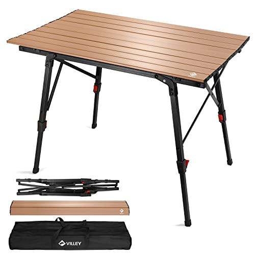 VILLEY Portable Camping Table with Adjustable Legs, Aluminum Folding Table | 100 LBS Capacity, Independent Adjustable Legs, Portable Aluminum Table with Carry Bag for BBQ & Tailgating - color: Gold