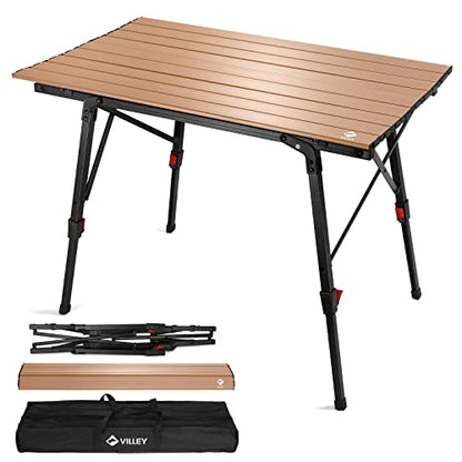 VILLEY Portable Camping Table with Adjustable Legs, Aluminum Folding Table | 100 LBS Capacity, Independent Adjustable Legs, Portable Aluminum Table with Carry Bag for BBQ & Tailgating - color: Gold
