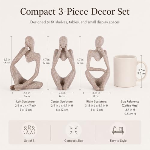 Thinker Statue Decor for TV Stand, Shelf, Desk, or Coffee Table - Set of 3 Resin Figurines for Living Room Decorative Objects, Modern Sculpture, Minimalist Bookcase Decor, Home Accents (Sandstone) - color: Sandstone