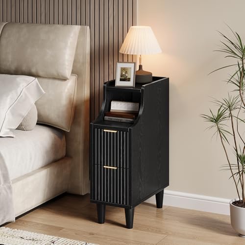 Fluted Nightstands Set of 2,Narrow Bedside Table with 2 Drawers & Storage, Farmhouse Walnut End Table Modern Side Table for Bedroom Livingroom Sofa Office, Small Space - color: Black,7.9" With 2 Drawers