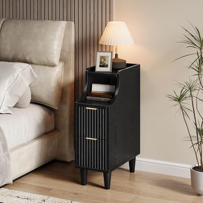 Fluted Nightstands Set of 2,Narrow Bedside Table with 2 Drawers & Storage, Farmhouse Walnut End Table Modern Side Table for Bedroom Livingroom Sofa Office, Small Space - color: Black,7.9" With 2 Drawers
