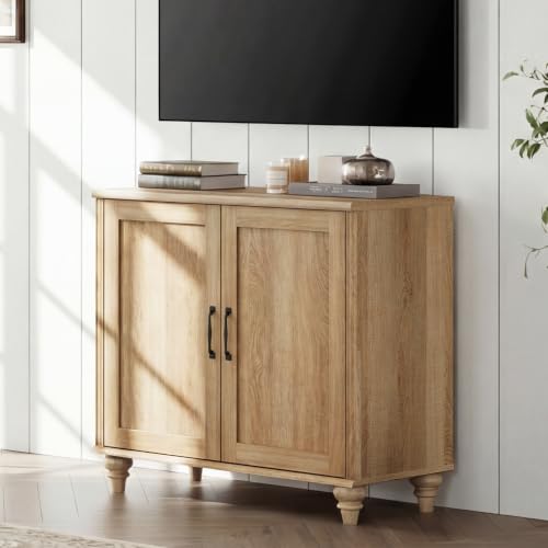 WAMPAT TV Stand for 43 inch TV Inch TV with 2 Wood Doors, Farmhouse Wood Universal TV Stands with Storage Cabinets, Morden Entertainment Center TV Console Table, Oak - color: Oak-b, size: 1