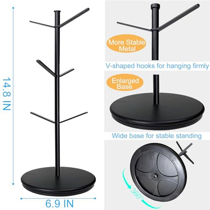360° Rotating Mug Tree, 6 Hooks Upgraded Stable Metal Mug Holder, Bamboo Base Coffee Mug Cup Rack for Counter Top, Mug Display, Home Storage and Cup Organizer, Black - size: 6 Hooks 360°