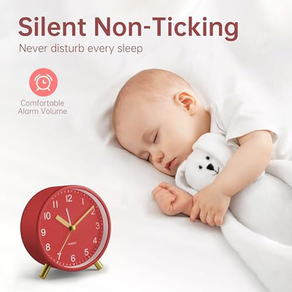 JALL Analog Alarm Clock, 4 inch Super Silent Non Ticking Small Clock with Night Light, Battery Operated, Simple Design, Easy Setting for Office, Bedroom, Bedside, Desk, Teens, Elders, Adult, Red - color: Red+gold