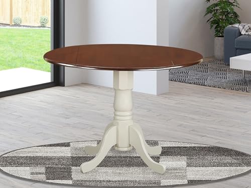 East West Furniture DLT-MLW-TP Dublin Modern Dining Table - a Round Kitchen Table Top with Dropleaf & Pedestal Base, 42x42 Inch, Mahogany & Linen White - color: Mahogany & Linen White