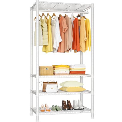H2 Heavy-Duty Portable Closets, 4-Tier Freestanding Garment Rack Suit for Small Space and Corner, Closet Organizer System Portable Closet Wardrobe, Max Load 500 LBS, White | Metal Closet System for Hanging Clothes with Shelves and Hangers, Clothing Organi