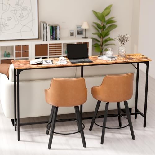 VINGLI 71 Inch Counter Height Bar Table Set with 2 Bar Stools, Wood Narrow Long Pub Table Set, Compact Bar Table for Kitchen/Dining Room/Sofa, Brown - color: Brown, size: 71"L