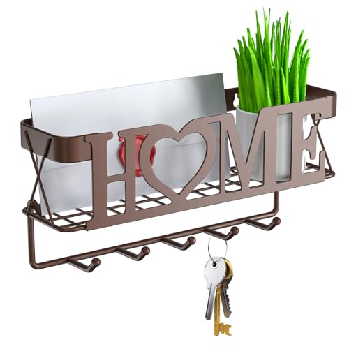 Key Holder Wall Mount - Adhesive Key Holder with 5 Hooks, Key Rack and Mail Organizer, Metal Basket Key Hanger for Entryway, Home, Living Room Decor, 11" L×2.8" W×4.9''H(Bronze) - color: Bronze