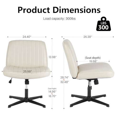 DUMOS Criss Cross Chair No Wheels, Wide Seat Cross Legged Office Desk Vanity Chair, Faux Leather Armless Height Adjustable Swivel Task Computer Chairs for Home, Study, Beige PU - color: Beige Pu