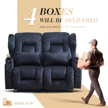 Loveseat Recliner Sofa,RV Wall Hugger Recliners for Small Spaces,Reclining Loveseat Sofa Recliner with Cup Holders/Lumbar Pillows,RV Furniture (Blue,56" 2-Seater) - color: Blue, size: 56" 2-Seater