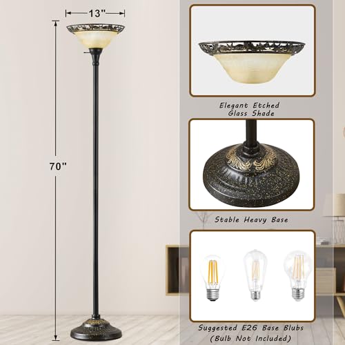 Luvkczc Torchiere Floor Lamps for Living Room, 70" Tall Standing Lamp | Etched Glass Shade, Metal Pole, Victorian Style Floor Lamp, Vintage tall lamp for Bedroom, Corner, Home Decor - color: Black,Yellow
