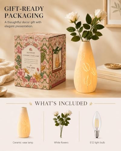 Ceramic Vase Table Lamp - 2700K Bulb & 3 Artificial Flowers Included | Handmade Openwork Craft - Inline Switch - E12 Socket - Tulip 11" - style: Tulip
