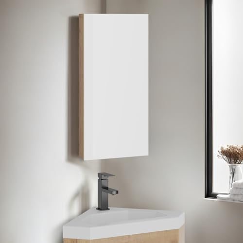 eclife 24" Bathroom Corner Medicine Cabinet W/Mirror, Single Door Bathroom Nature Wall Mount Mirror Cabinet, Hanging Triple Shelf Storage Cabinet Opens Left to Right - color: Nature, size: 13"-Single Door