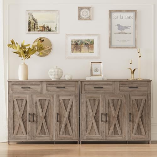 Homhedy Coffee Bar Storage Cabinet with Drawers, Kitchen Buffet Cabinet | Sideboard Cabinet with Doors, Farmhouse Buffet Cabinet, Adjustable Shelves, for Kitchen / Dining / Living Room, Greige - color: Greige