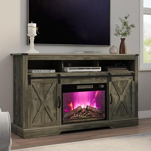 RoyalCraft Farmhouse Fireplace TV Stand for 65+ Inch TV, Entertainment Center with 23" Electric Fireplace with Remote, 34" Modern Rustic TV Console with Sliding Bar Door for Living Room, Light Grey - color: Light Grey, style: Electric Fireplace Included