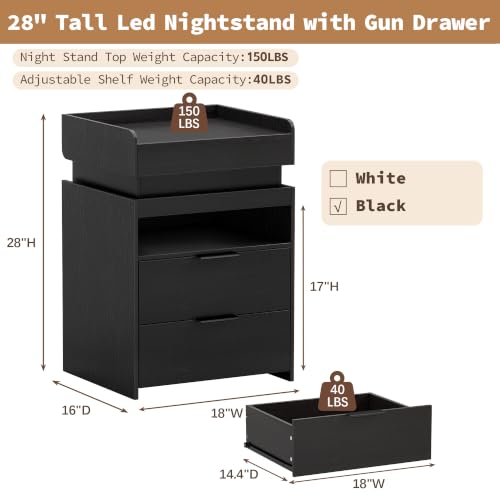 Baoz Modern Nightstand Set of 2 with Charging Station & LED Lights,Black | 18" Wide Night Stand with Sliding Top & Hidden Compartment, 28" Tall Bedside Table with Drawers - color: Black