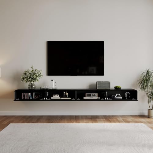 POVISON Fully-Assembled Minimalist Floating TV Stand, Modern Wall-Mounted Entertainment Center with 4 Flip-Down Cabinet Doors, Solid Wood Media Console, 110.24" - color: Black, size: 110.24"