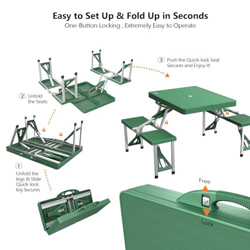 VINGLI 4 Ft Portable Folding Picnic Table Camping Table Foldable Set with 4 Seats with Umbrella Hole Suitcase Card Table-220 Lbs Support Aluminum Frame, Plastic RV Tabletop for Yard, Travel - color: Green