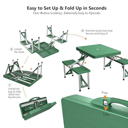 VINGLI 4 Ft Portable Folding Picnic Table Camping Table Foldable Set with 4 Seats with Umbrella Hole Suitcase Card Table-220 Lbs Support Aluminum Frame, Plastic RV Tabletop for Yard, Travel - color: Green