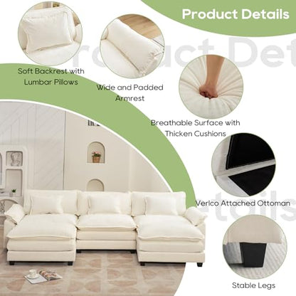 120" Modular Sectional Sofa, Comfy Deep Cloud Couch with Ottoman | U-Shaped Couches for Living Room, Modular Couch, Deep and Wide Seat, Chenille Sofa Sleeper with Throw Pillows, Beige White - color: Beige White, size: 120 Inch U