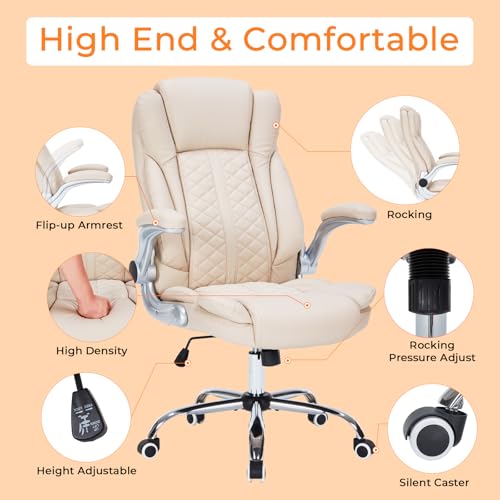 400lbs Executive Office Chair with Flip-Up Armrests, Big and Tall Computer Chair for Heavy People, Heavy Duty Ergonomic Comfy Chair, Breathable PU Leather (Cream) - color: Cream