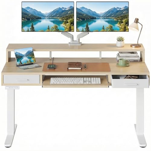 HUANUO 55″ x 26″ Electric Standing Desk with 2 Drawers &24.4″ Large Keyboard Tray, C-Clamp Mount Compatible, Adjustable Computer Desk for Office, Sit Stand Up Desk with 4 Height Presets, Light Walnut - color: Light Walnut, size: 55*26 inch