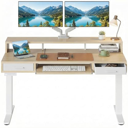 HUANUO 55″ x 26″ Electric Standing Desk with 2 Drawers &24.4″ Large Keyboard Tray, C-Clamp Mount Compatible, Adjustable Computer Desk for Office, Sit Stand Up Desk with 4 Height Presets, Light Walnut - color: Light Walnut, size: 55*26 inch