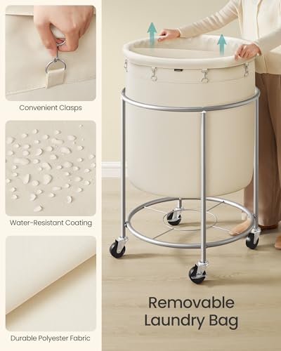 SONGMICS Laundry Basket, Rolling Steel Frame with 2 Locking Wheels, 240 L | Heavy-Duty Laundry Hamper Cart with Removable Bag, Cream White and Metallic Silver, URLS012W01 - color: Cream White + Metallic Silver, size: 240 L (2-Section)