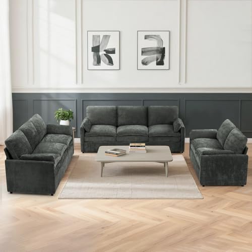 3 Pieces Chenille Sofa Set w/Two Arm Pillows, Grey | Upholstered Loveseat & 2 Pieces 3-Seater Sofa w/Soft Cushions, Modern 2-Seat & 3-Seat w/High-Density Foam for Living Room - color: Grey, size: 69" & 89" & 89" Sofa Set