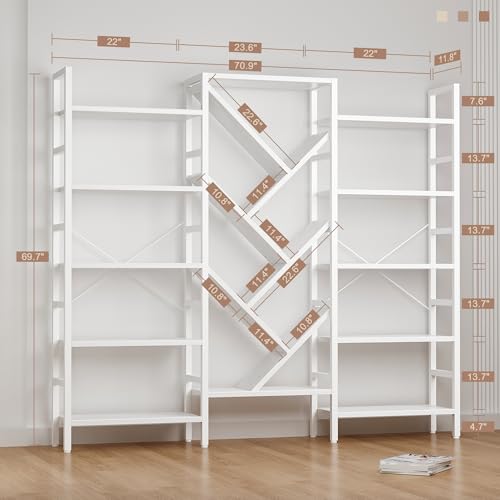70" Triple 5 Tier Book Shelf, Large Wooden Bookcase with 17 Open Display Shelf, Modern Tree Bookshelf Metal Frame Tall Bookshelf Furniture for Living Room Bedroom Home Office White - color: White, size: 5 tier