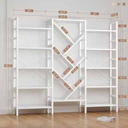70" Triple 5 Tier Book Shelf, Large Wooden Bookcase with 17 Open Display Shelf, Modern Tree Bookshelf Metal Frame Tall Bookshelf Furniture for Living Room Bedroom Home Office White - color: White, size: 5 tier