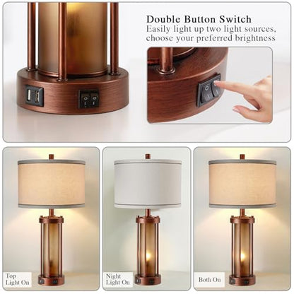 RORIA Set of 2 Farmhouse Table Lamps for Living Room with 2 USB Ports | Rustic Bedside Lamps, Bedroom Nightstand Lamp with Amber Frosted Glass Nightlight, Entryway, Office, 4 Bulbs Includes - color: Red Bronze